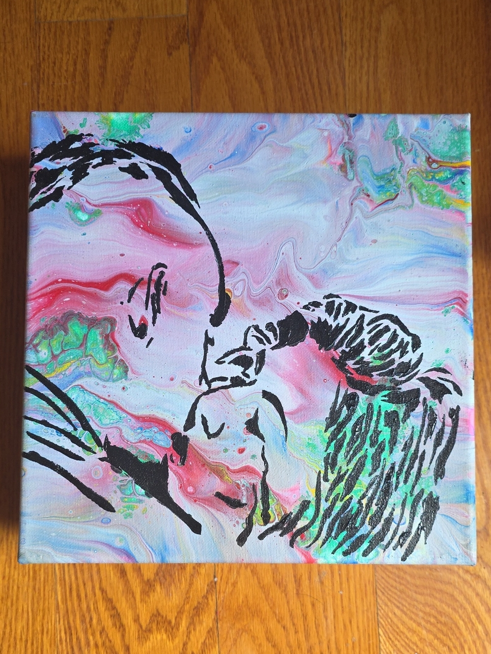 10x10 Paper Graffiti On Canvas - Abstract Couple Silhouette Art - Pink & Green